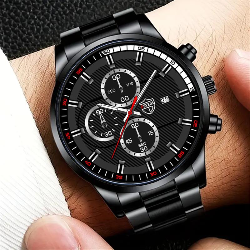 Fashion Men's Calendar Watch Mens Stainless Steel Wristwatch Casual Man Quartz Watches Bracelet Necklace Set Date Clock