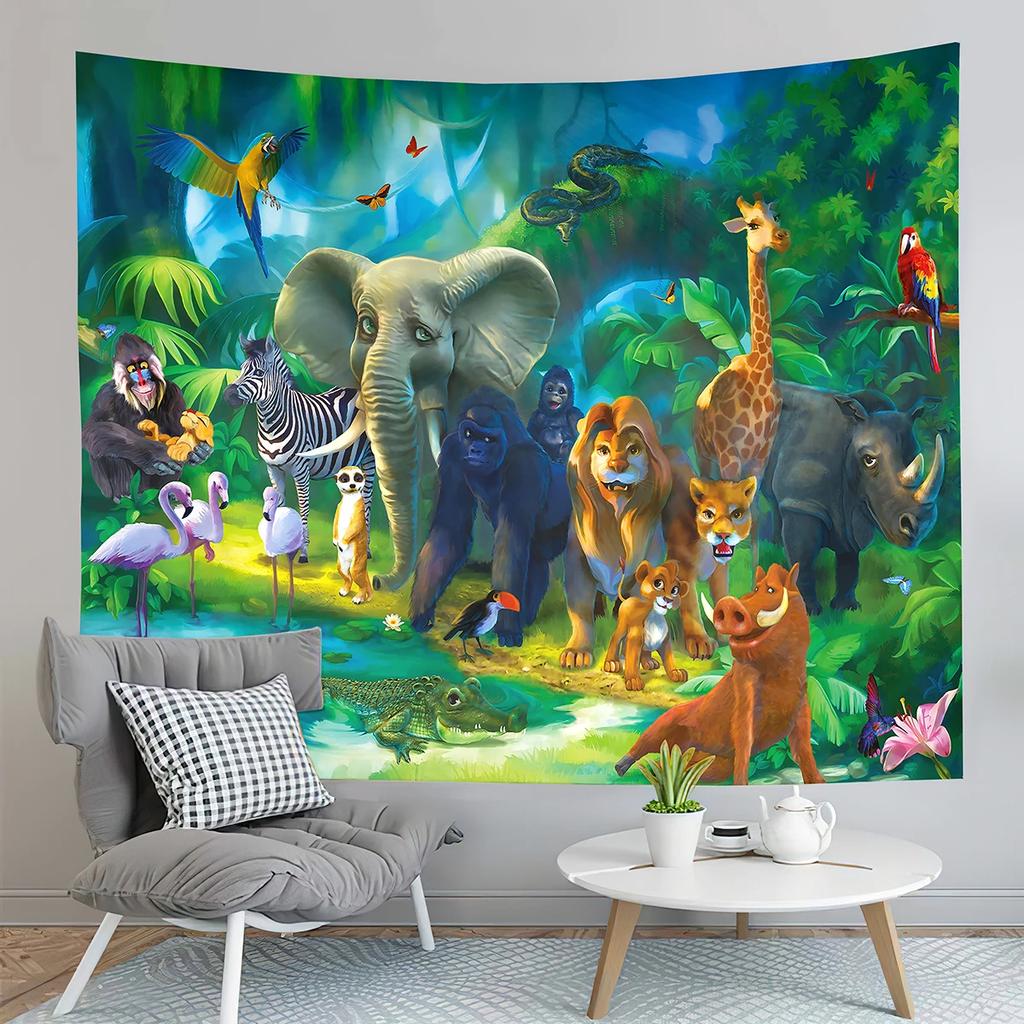 Cartoon Baby Animals Tapestry Cute Tiger Tapestry Creative Theme for Children Wall Hanging Living Room Bedroom Dorm Tapestries