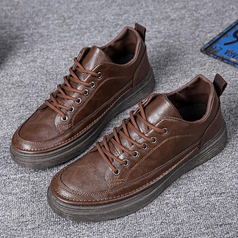

Men s casual leather shoes round head, autumn and winter new men s shoes 2025 breathable and comfortable lace-up versatile PU shoes 44 темно-коричневого кольору