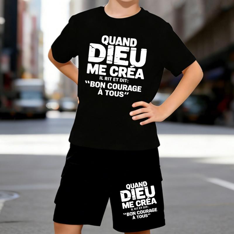 

Boys 2 Piece Humorous and confident style printed outfit, Short Sleeve T-Shirt and Shorts Set for Kids Age 5-14,Black Sporty Casual Summer Clothes 5-6 Years чёрный