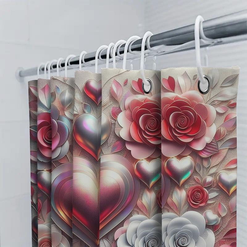

Romantic Heart And Rose Print Shower Curtain For Bathroom Decoration W60H190(CM)-1 Pcs