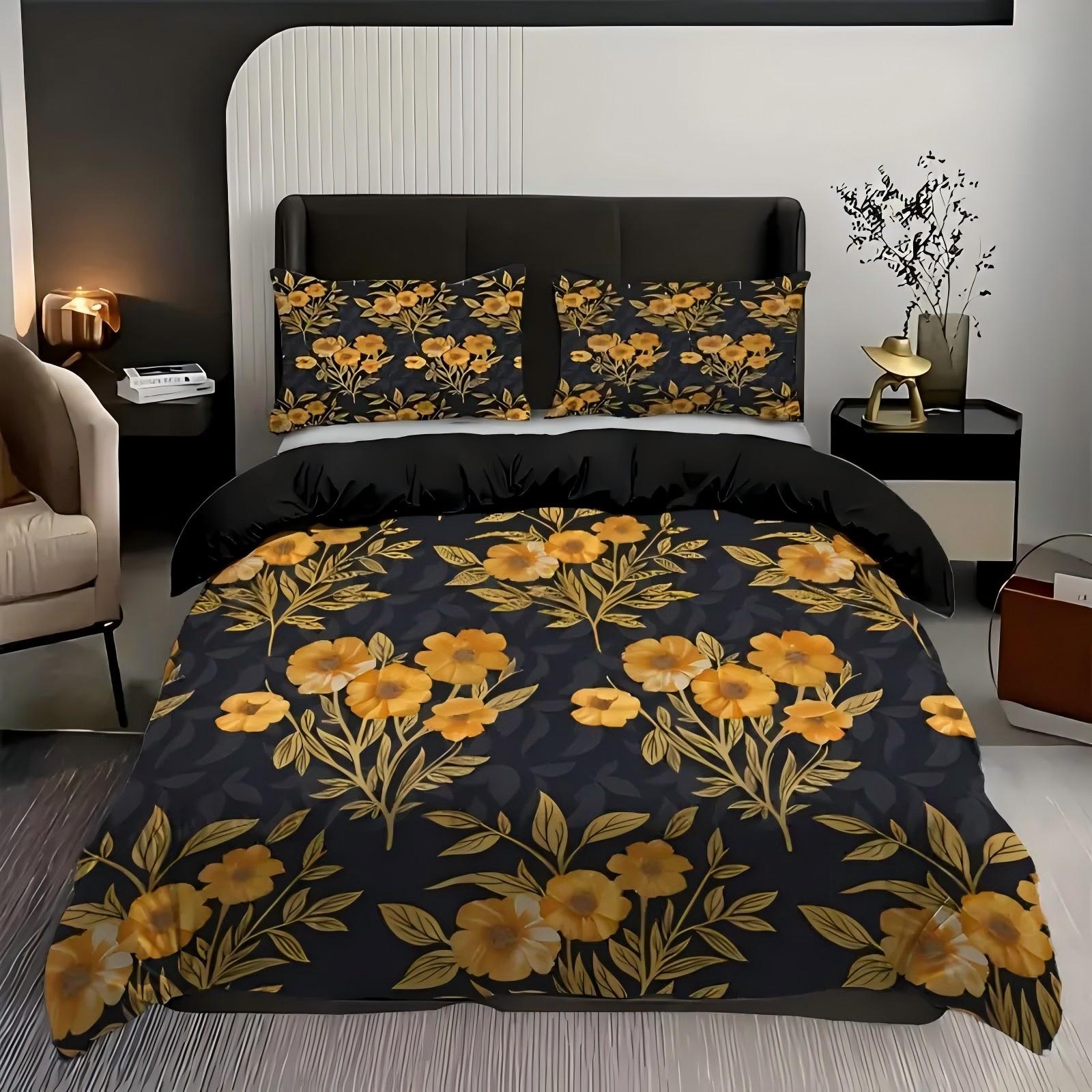 

Golden Tulips 3D Printed Quilt Cover Elegant Rustic Natural Style Polyester Duvet Cover Soft Comfortable Bedding Set Pillowcases 135x200cm 2pcs