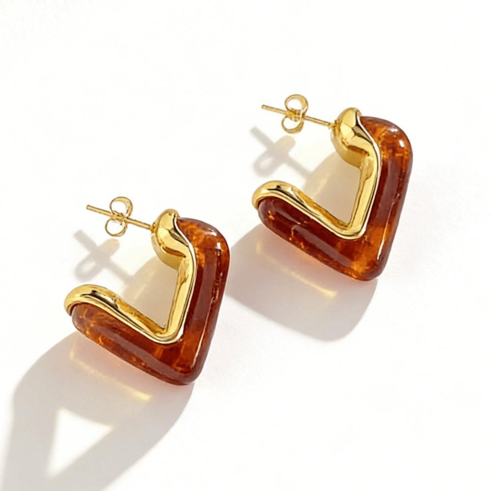 

Gold Resin Earrings Colorful Resin Stainless Steel Earrings V Shape Hoop Earrings For Women кавовий