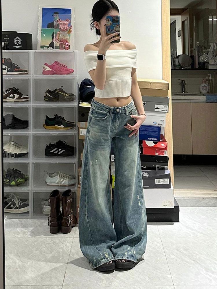 

Women s Large Size Blue Abraded Micro-labelled Denim Trousers Straight Loose Pear Shaped Flesh Covering Wide Legged Dragging Floor Trousers 4XL