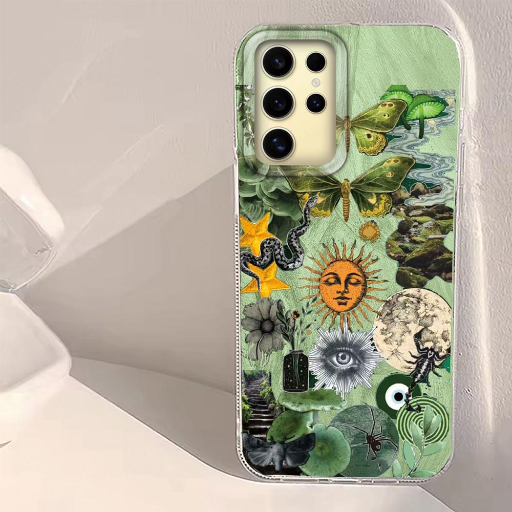 Green Sun Face Planet Fruit Trendry Feather Texture Phone Case for Samsung Galaxy S25 S24 S23 S22 S21 FE Plus Ultra Shell Cover