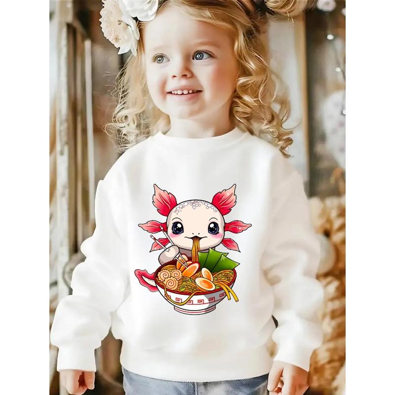 Kids Crewneck Sweatshirt, Cute Axolotl Eating Noodles Graphic Print,Spring Autumn Casual Sport Tops