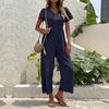 Women's Summer Casual Holiday Style Hundred Solid Colours V-Neck Waist Button Pocket Bubble Sleeve Jumpsuit