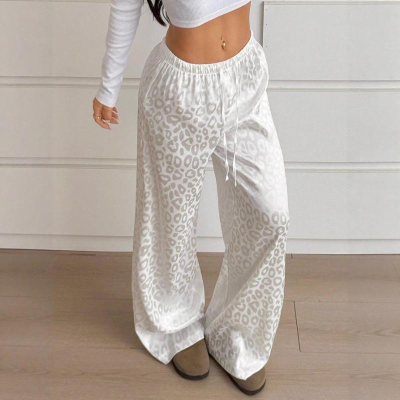 Damskie elastyczne spodnie proste ze sznurkiem, casualowe, modne spodnie żakardowe satynowe w panterkę