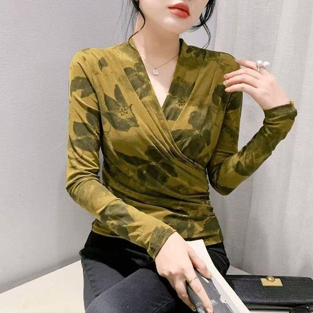 

Осенняя блузка с V-образным вырезом, большого размера, приталенного силуэта, с принтом и рукавами из сетки XL жёлтый