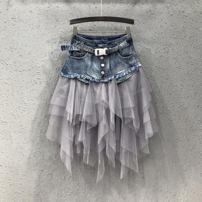Damenrock Hohe Taille Denim Spleiß Meshgarn Unregelmäßiger Saum A-Linie