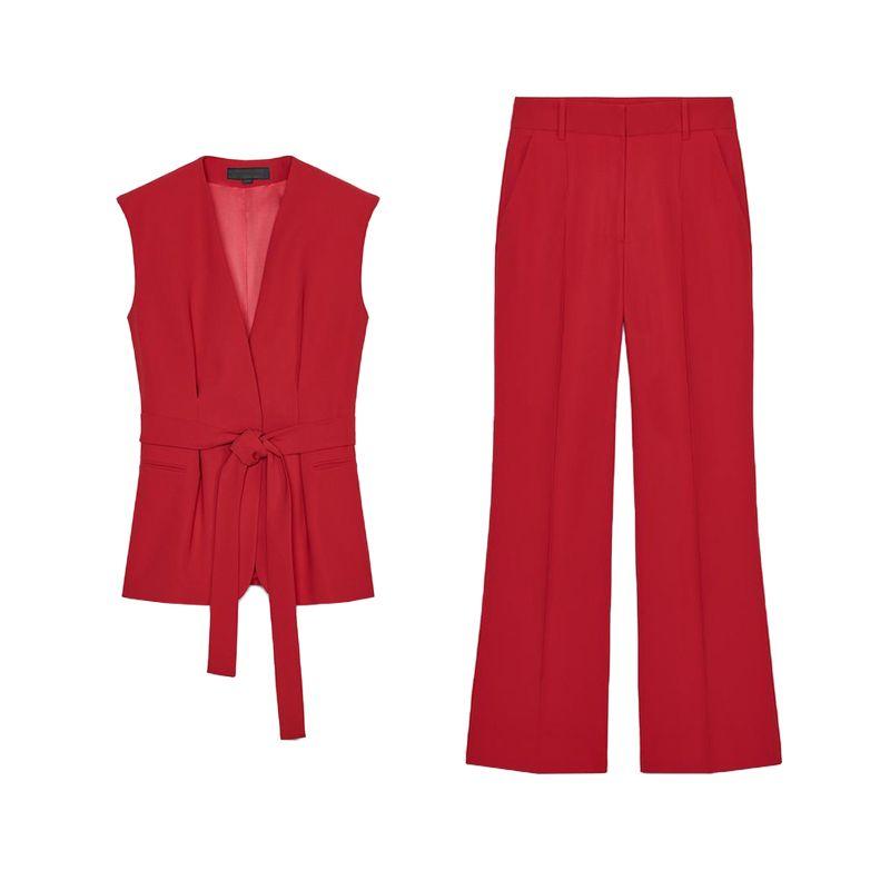 With Padded Shoulder with Belt V Neck Vest Jacket 2390198 Strap Accessories Mid Waist Flared Pants 2377198