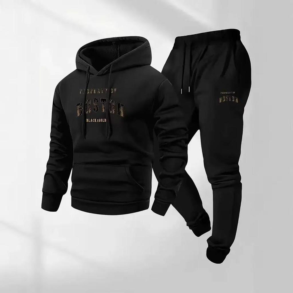 Men's Cross Europe Autumn/Winter Hoodie & Sweatpants Set - Letter Print Pullover Fashion Sportswear