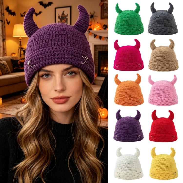 Crochet Horn Cap for Fall Winter Outfits, Brimless Devil Hat with Front Pin Accent for Party Photo Outfit Looks