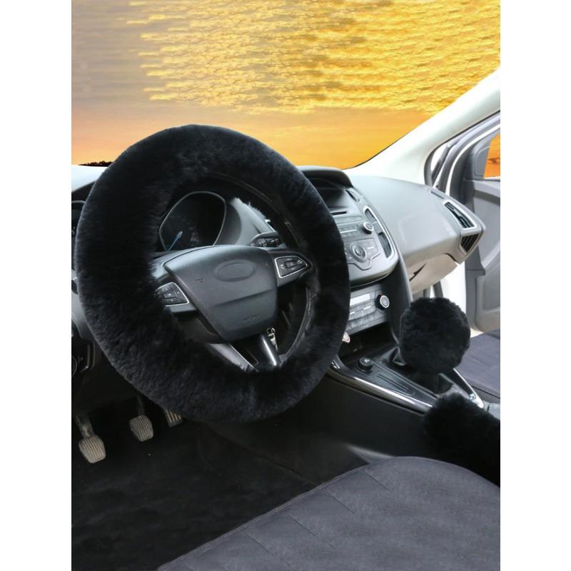 3-teiliges Set aus einfarbigen, flauschigen Lenkrad-, Handbrems- und Schalthebelbezügen