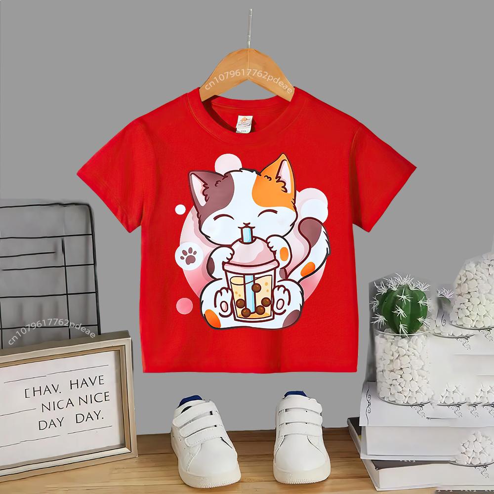 

Детская летняя футболка из 100% полиэстера с изображением кота и молока для маленьких девочек, хлопковая футболка Harajuku для мальчиков и девочек, хлопковая футболка 140 cm