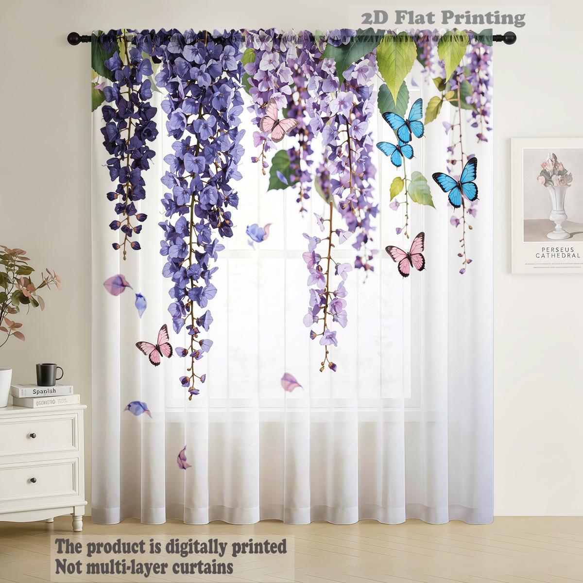 

Nordic Modern Minimalist Purple Wisteria Pattern Window Curtain Single Piece Natural Fresh American Style Curtains Made Of Polyester With Rod Pocket W100*H70(CM)-Rod Pocket&1PCS