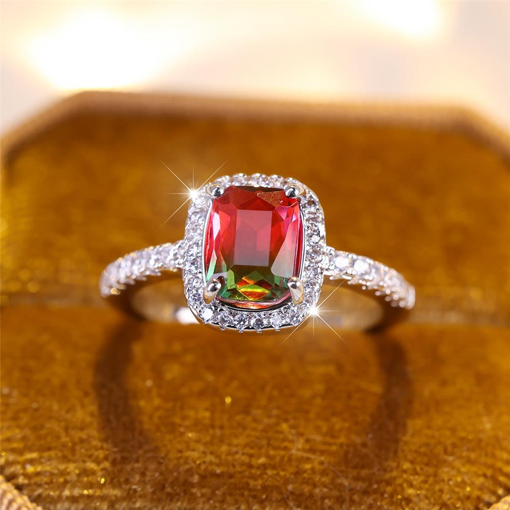 Luxury Female Crystal Red Blue Green Rainbow Zircon Stone Engagement Ring Vintage CopperColor Wedding Jewelry For Women