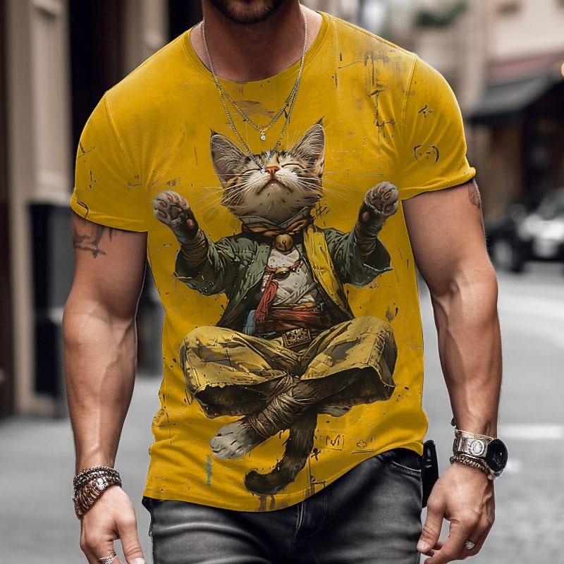 

Men s Cat Yoga T Shirt Short Sleeve T shirt 3D Print Crew Neck Shirt Exaggerated Designer Party Holiday Yellow XL