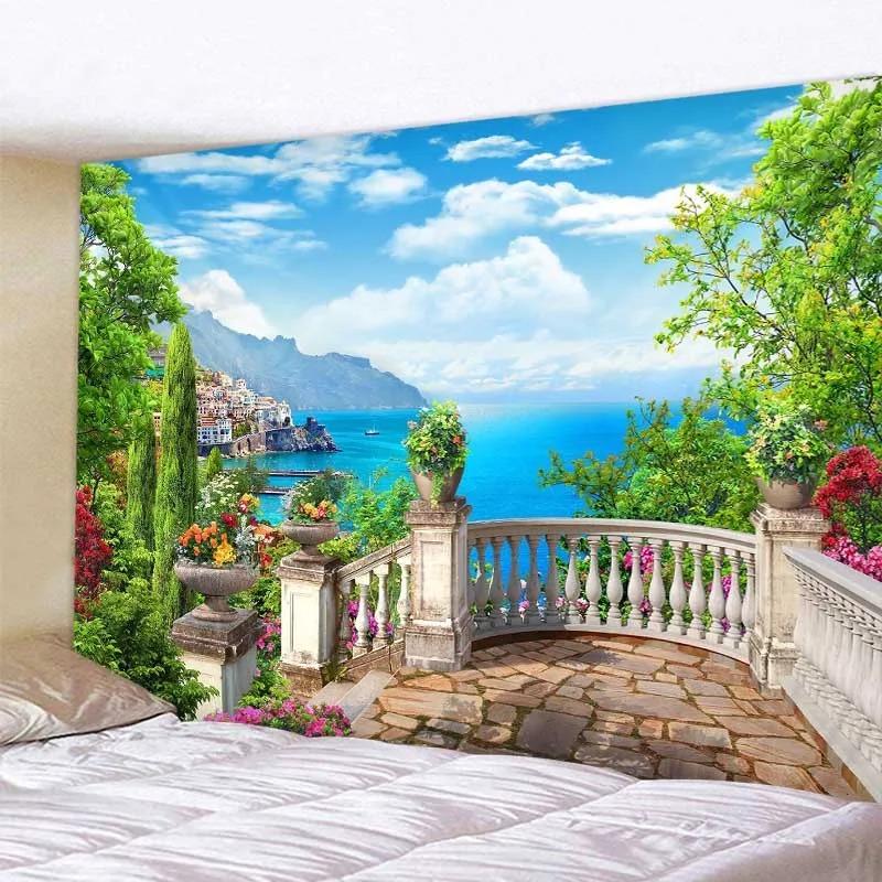 Bohemian aesthetic home wall decoration beautiful landscape tapestry European garden sea view wall hanging hippie