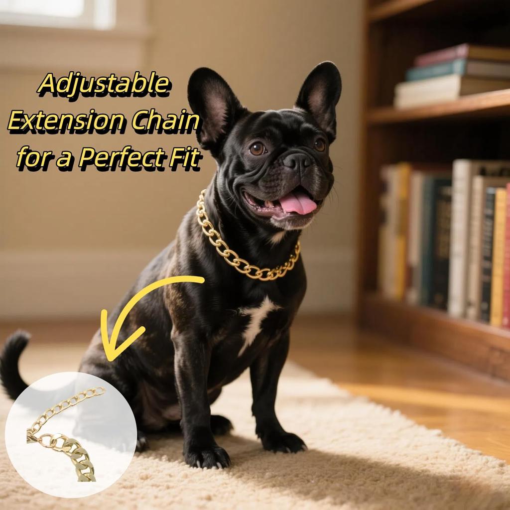 Gold Dog Chain Necklace Collar,Fashionable Cuban Link, Adjustable, Lightweight & Durable Metal Decoration (Gold, 9" (Neck Fits 8"-12"))