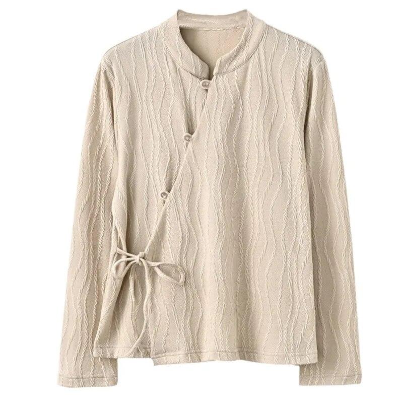 Johnature Chinese Style Vintage Frenulum Jacquard Collar Shirt Autumn Woman Solid Color Long Sleeves Shirt