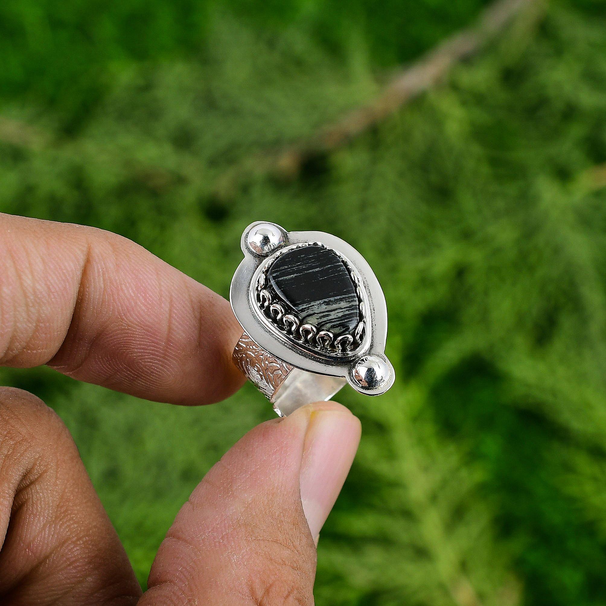 

Natural Silver Leaf Jasper Gemstone Solitaire Adjustable Ring 925 Silver Adjustable