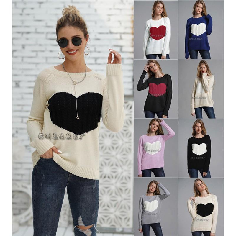 Womens Oversized Knit Sweater Long Sleeve Round Neck Loose Fit Winter Casual Pullover With Heart Detail