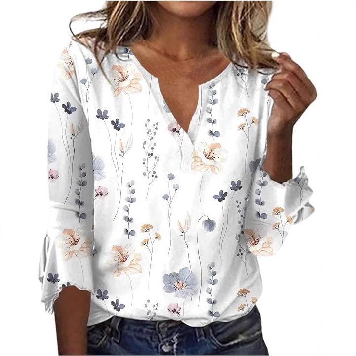 

Women s V-Neck Floral Print 3/4 Sleeve Blouse, Casual Loose Fit Tops, Solid Color Versions Available S