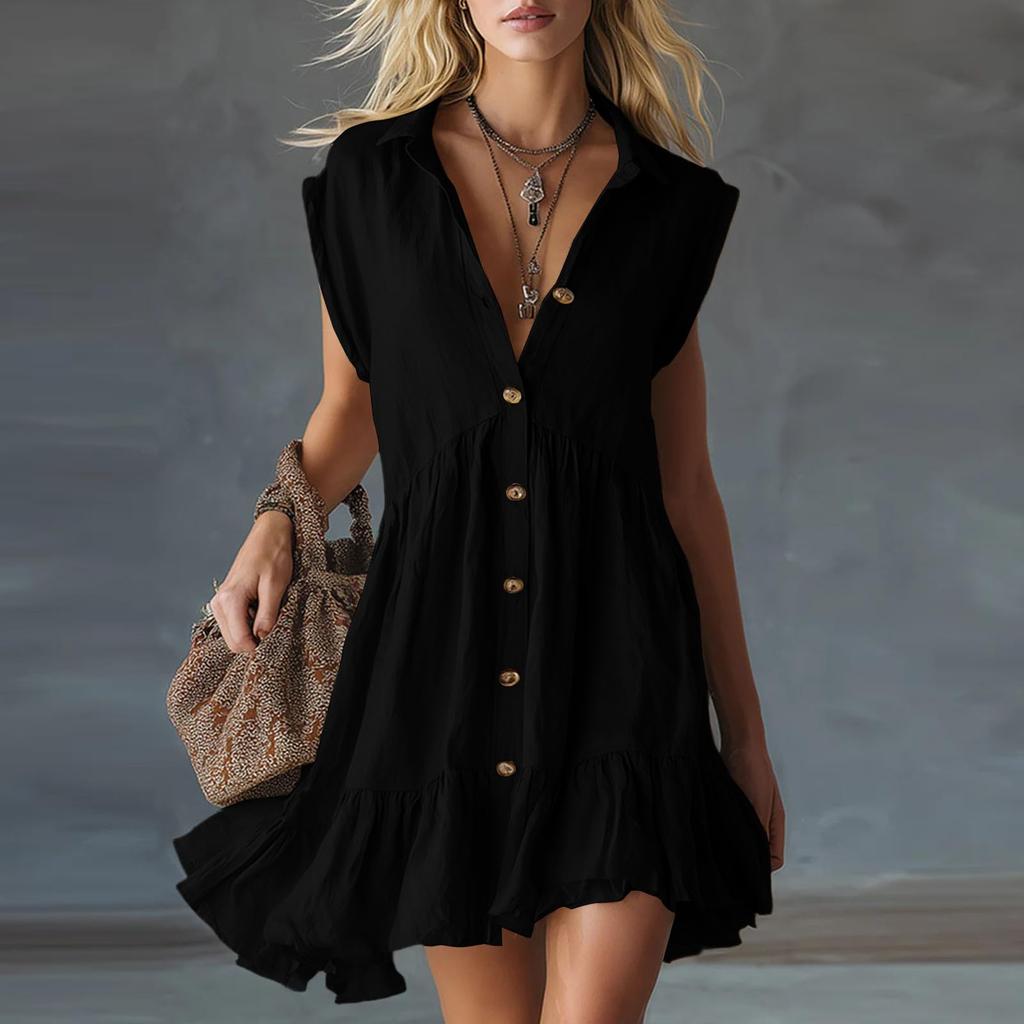 Women Button Down Shirt Dress Ruffle Hem Pocket Cotton Linen Sleeveless Casual Mini Dress for Everyday Wear