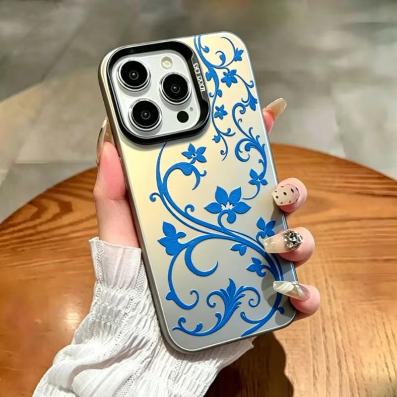 Purple Blue Floral Vine Phone Case For iPhone 17 Air 16 Pro Max 16E 15 14 Plus 13 12 11 XS XR Electroplate Silver Back Cover