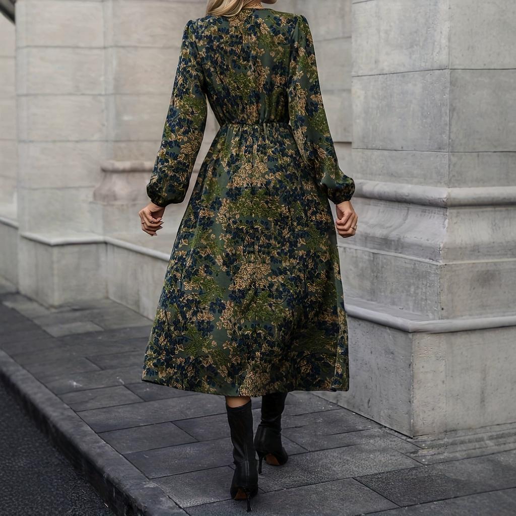 Autumn Floral Print Women's Dress V-Neck Waist Split Long Sleeve Skinny Medium and Long Skirt