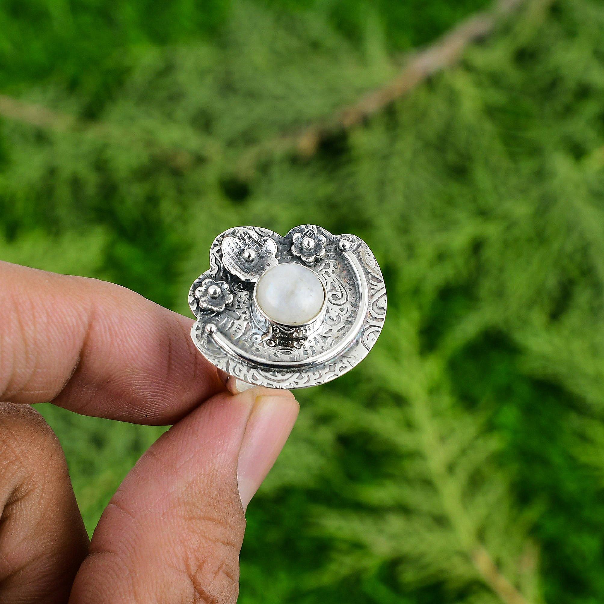 

Rainbow Moonstone Gemstone 925 Silver Wedding New Solitaire Flower Ring Jewelry Adjustable