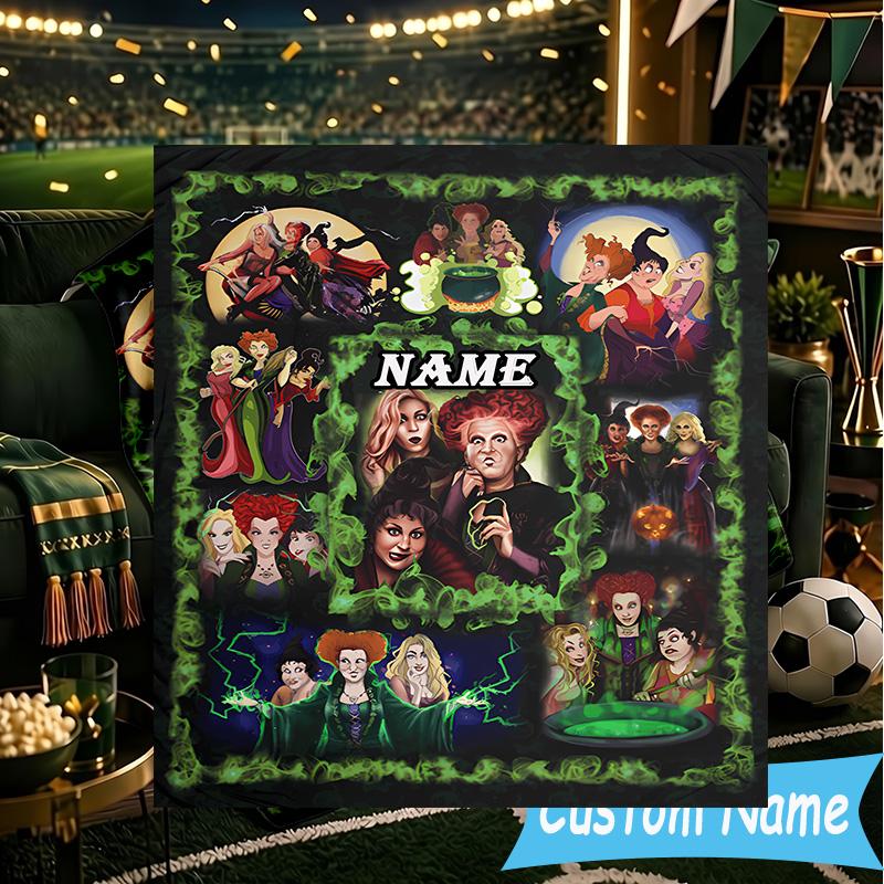 1PC Custom Name Witches Collage Throws Blanket Flannel Blankets for Couch Bed Gifts for Men Women Travel Picnic Christmas Fan Gifts