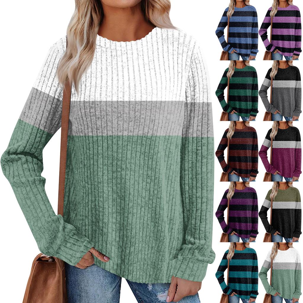 Women's Winter Color-Block Printed Lightweight Brushed-Cotton Round Neck Top