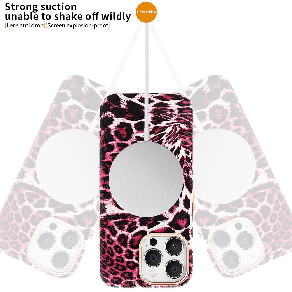 For iPhone 16 Pro Max Case Compatible with MagSafe Leopard Texture PU+PC Phone Cover