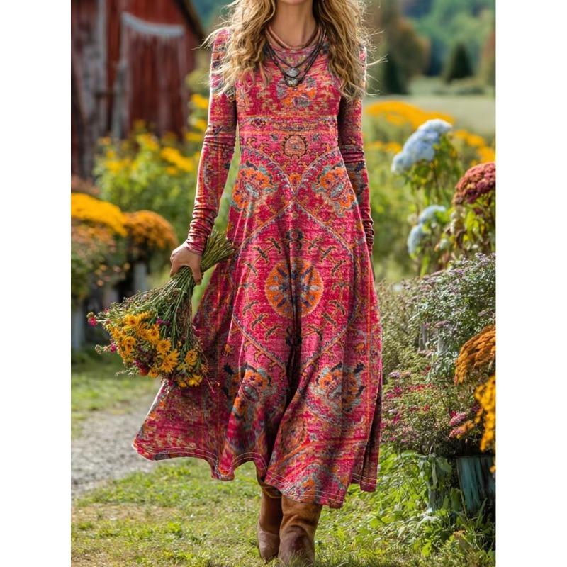 Creative Tie-dye Printing Women's New V-neck Long-sleeved Dress Medium and Long Dress
