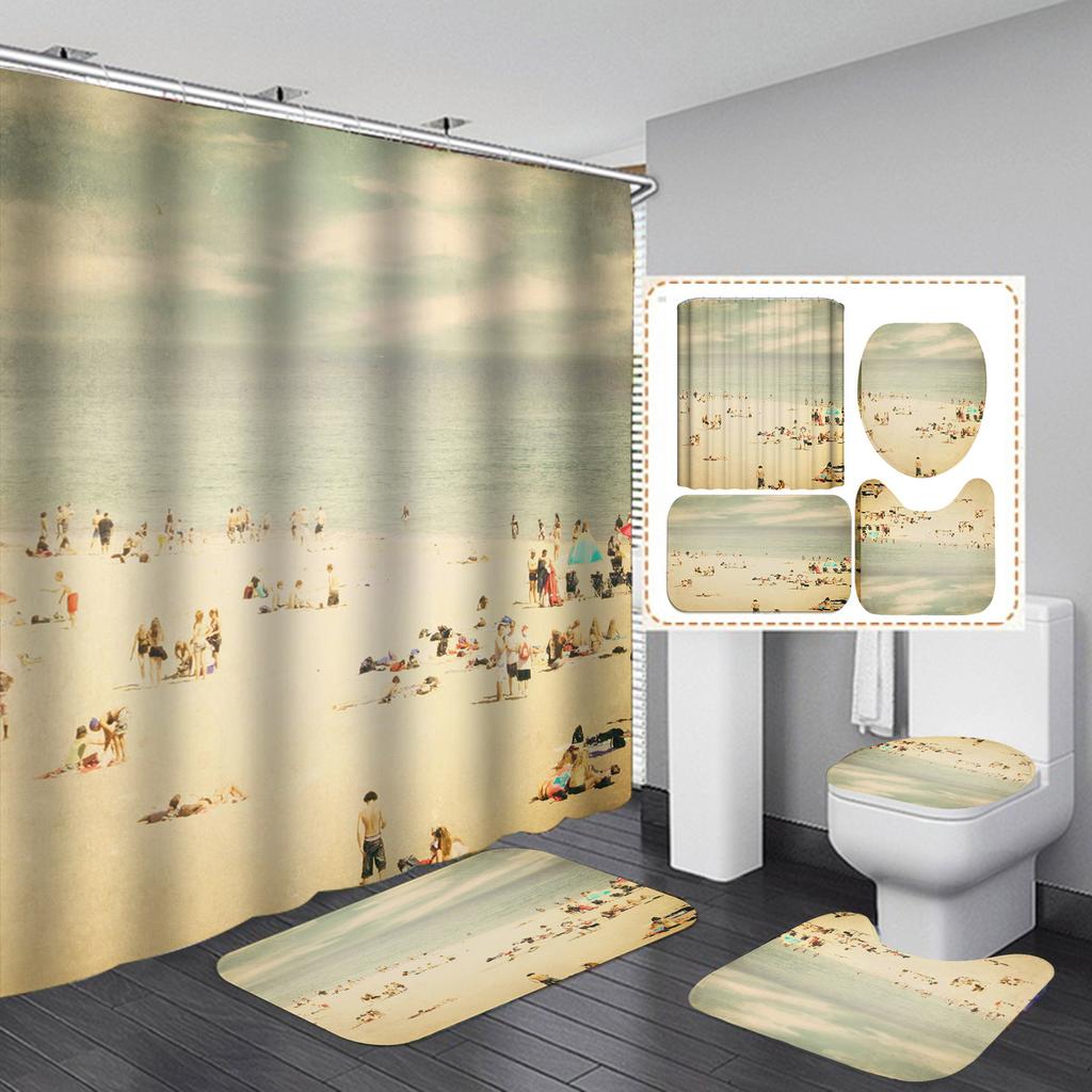 4Pcs Beach Series Shower Curtain Sets for Bathroom Non-Slip Bathroom Rugs Lid Toilet Cover Bath Mat