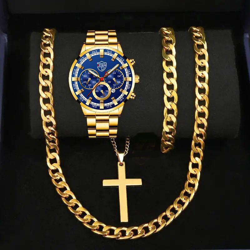 Watch Gold Four-Piece Men S Accessories Watch Necklace Bracelet Cross Necklace