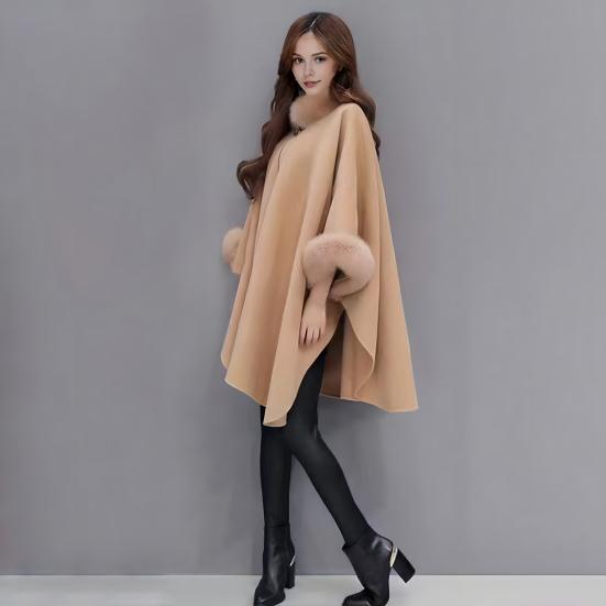 Lady Winter Cape Coat Dolman Sleeves Thick Shawl Loose Stand Collar Solid Color Faux Fur Decor Warm Daily Wear Work Outdoor Poncho