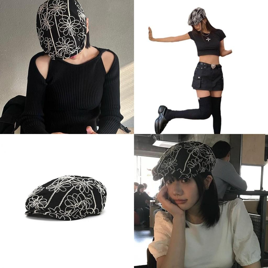 Elegant Spring And All-season Floral Embroidered Black Beret Hat