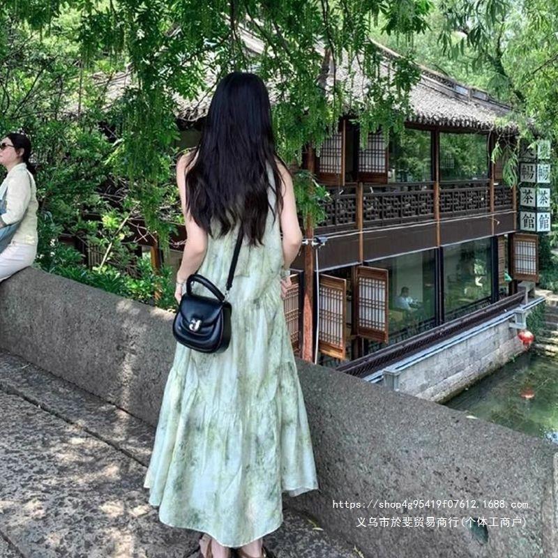 Gentle wear button mint green dress summer national style new holiday floral sleeveless long dress skirt