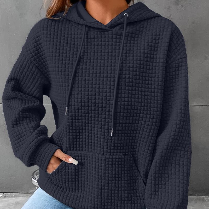 Plus Size Casual Sweatshirt, Women's Plus Solid Waffle Pattern Long Sleeve Drawstring Hooded Sweatshirt With Pockets