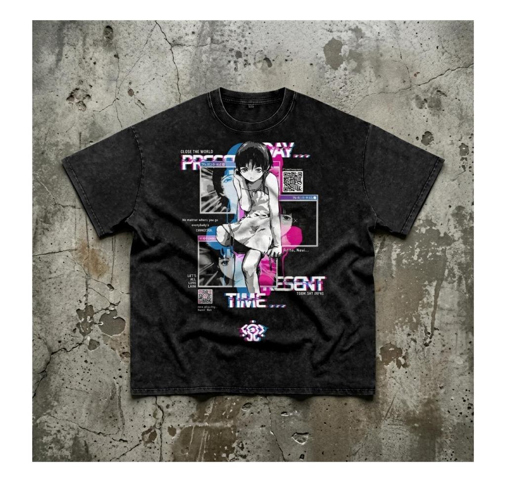 Serial Experiments Lain Y2K Vintage Washed T-Shirt, Cyberpunk Anime Grafik-T-Shirt, Retro Glitch Streetwear Shirt