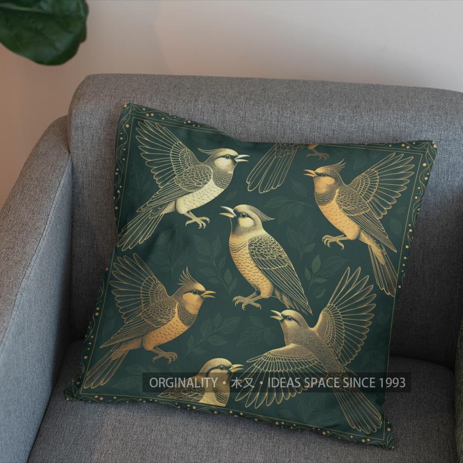 2D Elegant Green Birds With Swirls Throw Pillow Pattern Cushion Cover Suitable For Sofa Bedroom Car Pillow Cover