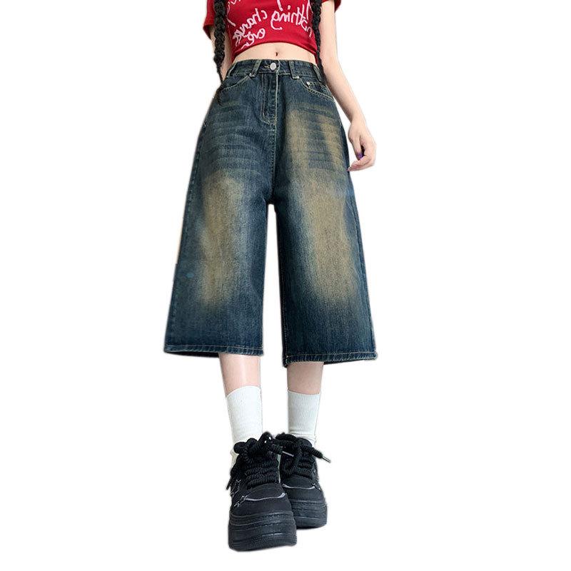 Plus Size Retro High Waist Blue Denim Wide Leg Crop Pants for Women