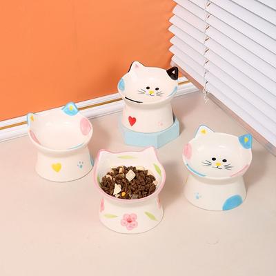 Cartoon 15° Tilted Elevated Cat Bowl Anti-Regurgitation Ergonomic Cute Pet Feeder Easy Clean Non-Slip Raised Feeding Bowl Indoor