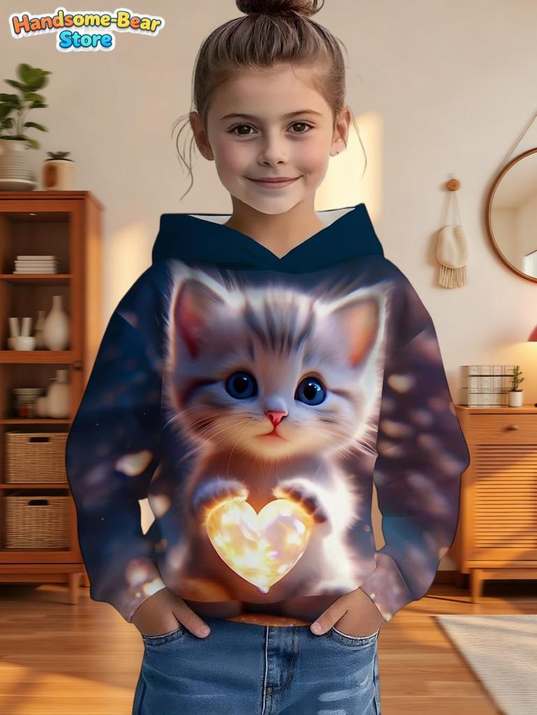 Cute Cat Print Girl Clothes Long Sleeve Sweatshirt Girl Graphic Hoodies Tops Children's Clothing Fashion 3D Print Autumn Clothes