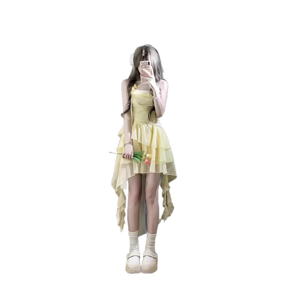 Summer new super fairy sweet girl dress suspender design irregular casual and thin short skirt