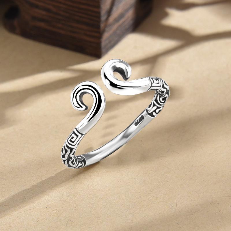 Black Myth Wukong 925 Sterling Silver Unisex Adjustable Open Ring - Retro Golden Cudgel Design for Couples
