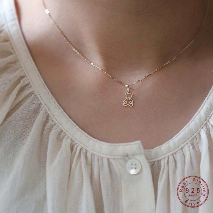 S925 Sterling Silver 14k Gold Plated Necklace Hollow Cute Bow Bear Pendant Clavicle Chain for Women Jewelry Gift